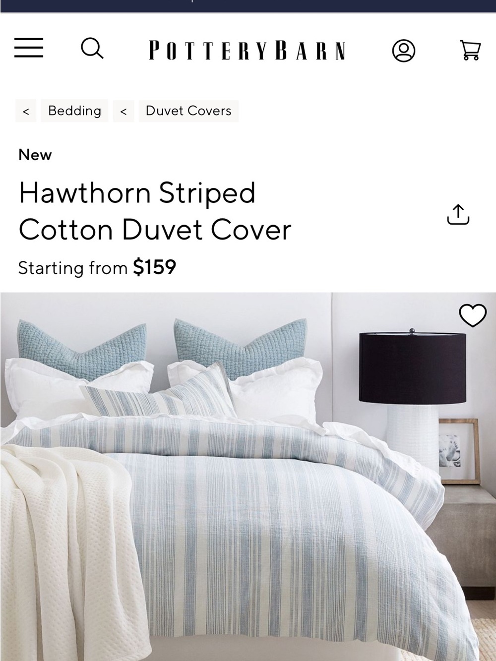 Pottery Barn Hawthorn Striped Cotton Duvet Cover and shams in Light Blue & White